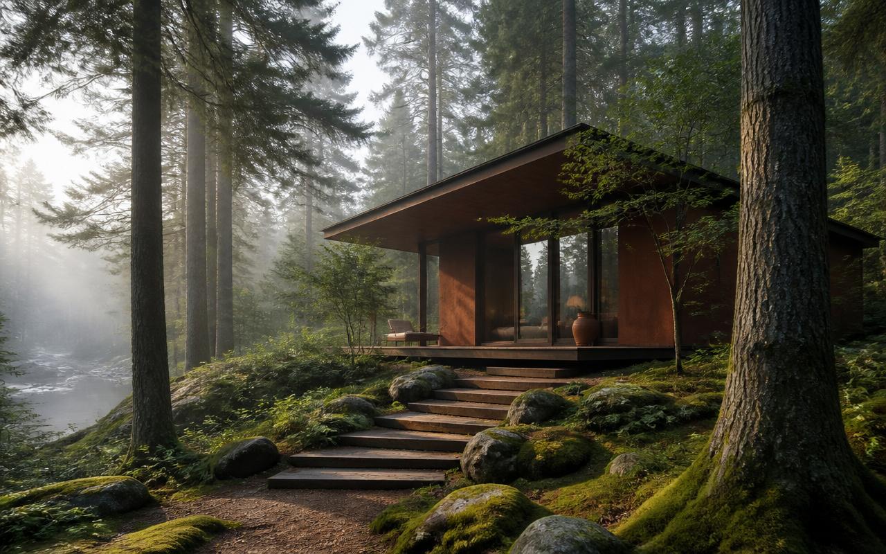 Een serene retraiteruimte in een cabin, omringd door bos